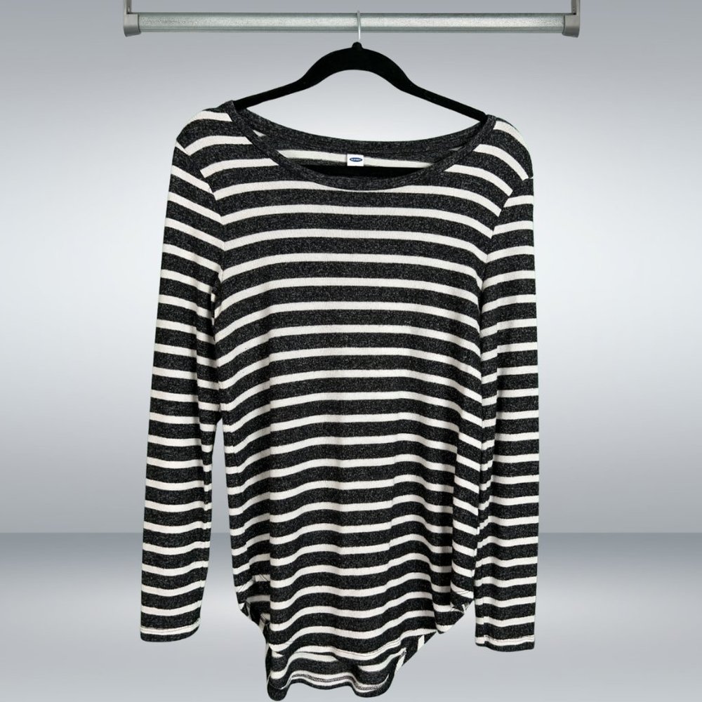 Old Navy grey and white striped boatneck pullover, soft, comfy, sweater or tunic